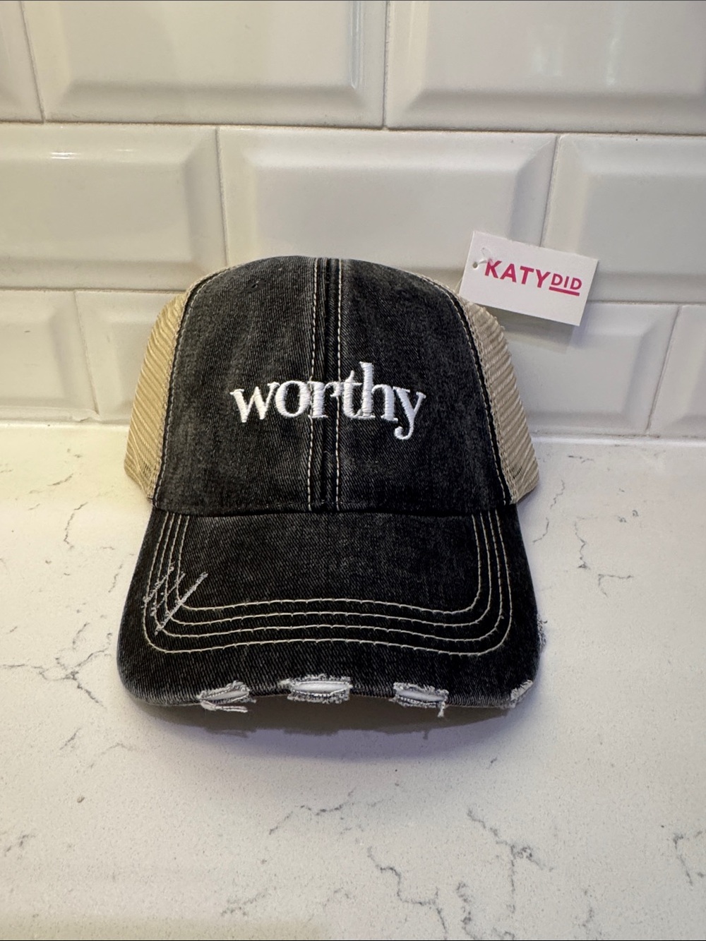 Katydid Worthy Distressed Trucker Cap - Black and Tan